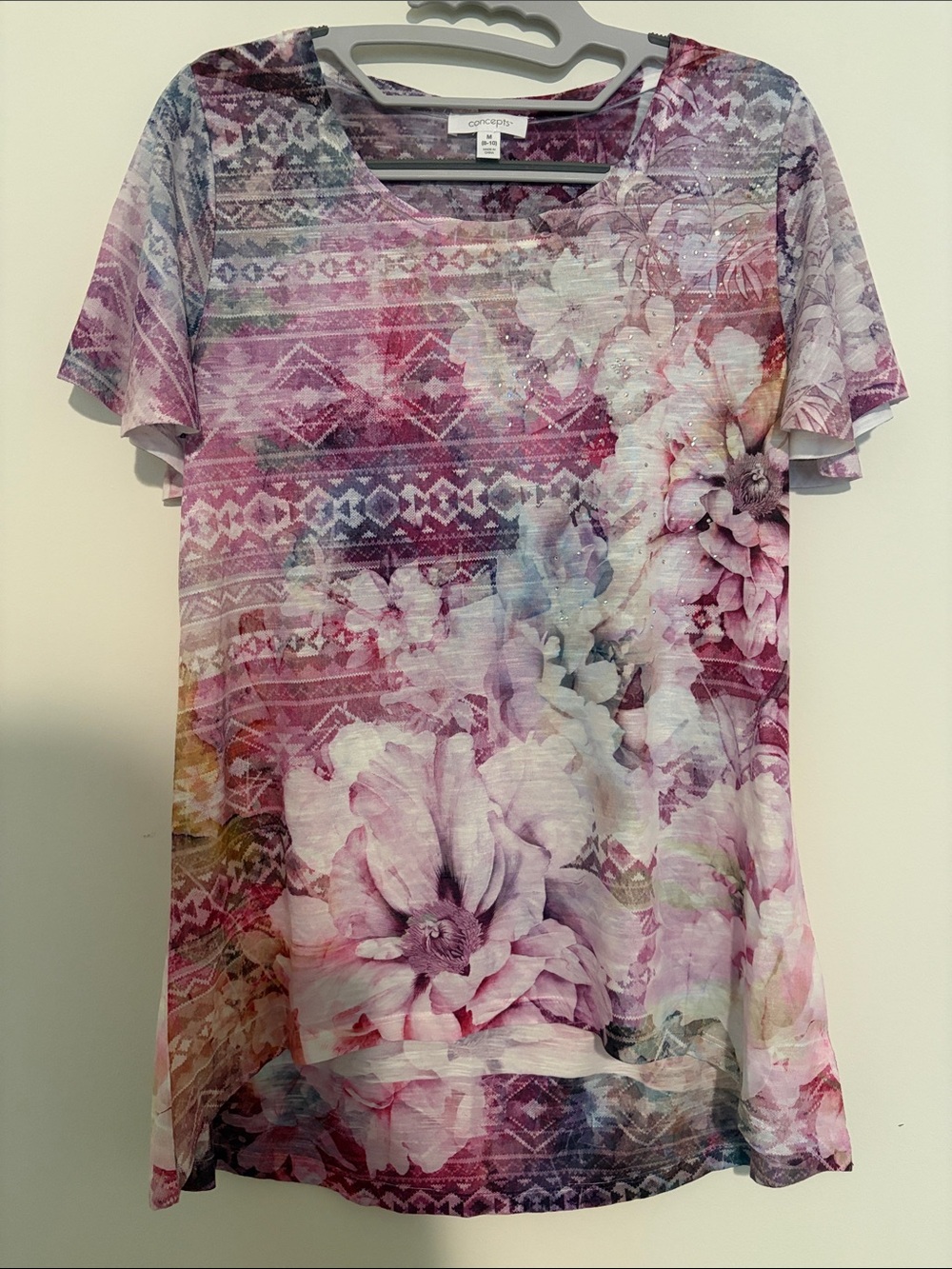 Concepts Floral Short Sleeve Scoop Neck Top - Pink Multi